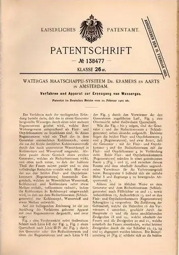 Original Patentschrift - Dr. Kramers en Aarts in Amsterdam , 1901 , Erzeugung von Wassergas !!!