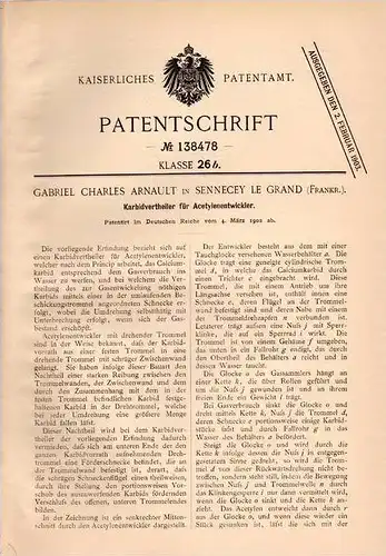 Original Patentschrift - G. Arnault in Sennecey le Grand , 1902 , Karbidverteiler für Acetylenentwickler !!!