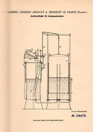 Original Patentschrift - G. Arnault in Sennecey le Grand , 1902 , Karbidverteiler für Acetylenentwickler !!!