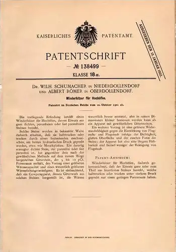Original Patentschrift - A. Römer in Oberdollendorf und Niederdollendorf , 1901 , Winderhitzer für Hochofen !!!
