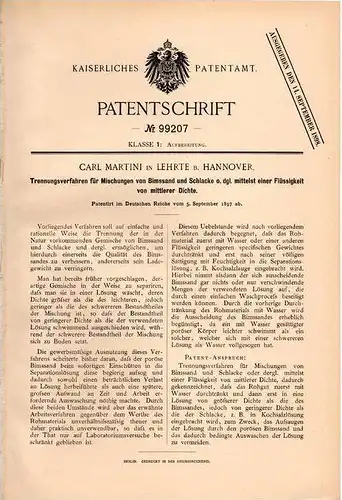 Original Patentschrift - Carl Martini in Lehrte b. Hannover ,  1897 , Trennungsverfahren von Bimssand und Schlacke !!!