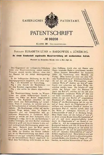 Original Patentschrift - E. Lühr in Bardowiek b. Lüneburg ,1897 , Massierapparat für Krankenbett , Krankenhaus , Massage