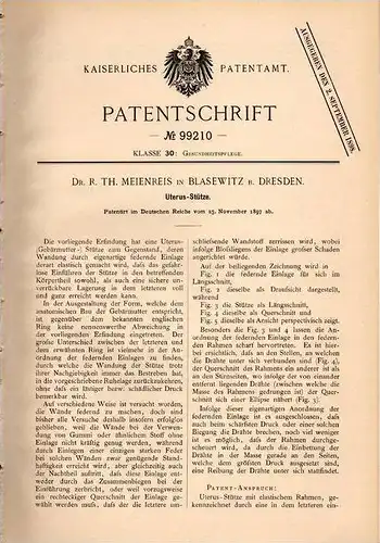 Original Patentschrift - Uterus - Stütze , Gebärmutter ,1897 , Dr. Meienreis in Blasewitz b. Dresden , Frauenarzt , Arzt