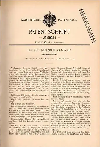 Original Patentschrift - Aug. Seyfarth in Lissa i.P., 1897 . Beinverband - Halter , Verband !!!