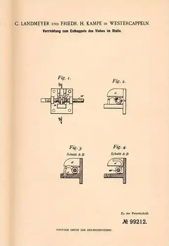 Original Patentschrift - C. Landmeyer in Westercappeln , 1897 , Entkuppelung von Vieh im Stall , Viehzucht !!!