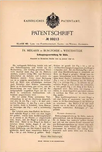 Original Patentschrift - Fr. Meilan in Burgforde b. Westerstede , 1898 , Entkuppelung für Ställe , Stall , Viehzucht !!!