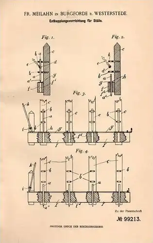 Original Patentschrift - Fr. Meilan in Burgforde b. Westerstede , 1898 , Entkuppelung für Ställe , Stall , Viehzucht !!!