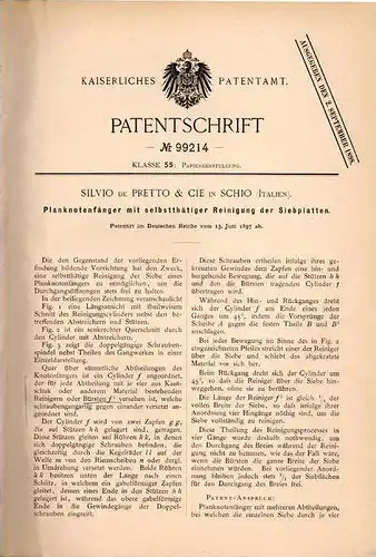 Original Patentschrift - S. de Pretto & Cie in Schio b. Vicenza , 1897 , Planknotenfänger mit Siebplatten !!!