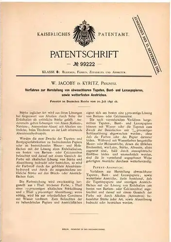 Original Patentschrift - W. Jacoby in Kyritz , Prignitz , 1897 , abwaschbare Tapete und Luxuspapier , Anstrich , Maler !
