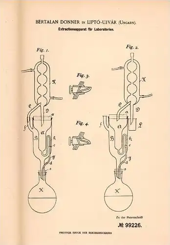 Original Patentschrift - B. Donner  in Liptó - Ujvár , Ungarn , 1898 , Extractionsapparat für Labor , Laboratorium !!!