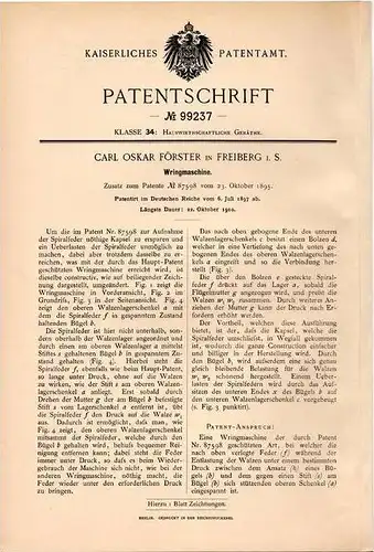 Original Patentschrift - Carl Förster in Freiberg i.S., 1897 , Wringmaschine !!!
