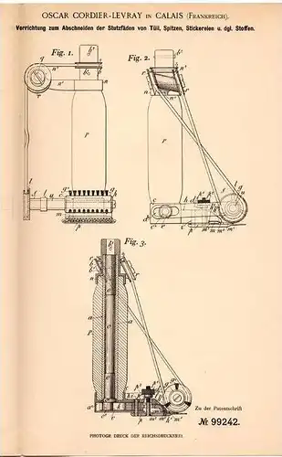 Original Patentschrift - O. Cordier - Levray in Calais , 1897 , Apparat für Stickerei , Tüll und Spitzen !!!