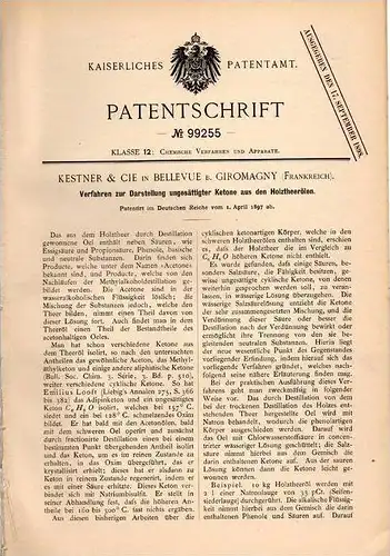 Original Patentschrift - Kestner & Cie in Bellevue b. Giromagny , 1897 , Ketone aus Holzteeröfen , Teer , Chemie !!!