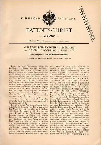 Original Patentschrift - H. Röchling in Kabel i.W. und Iserlohn , 1897 , Sandtrahlgebläse für Nähnadel - Fabrikation !!!