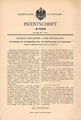 Original Patentschrift - W. Schloesser in Bad Oeynhausen , 1897 , Spielzeug - Bewegungsapparat !!!