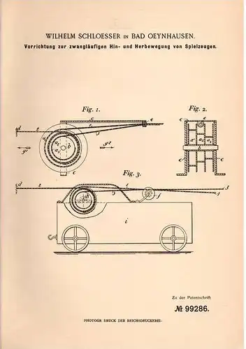 Original Patentschrift - W. Schloesser in Bad Oeynhausen , 1897 , Spielzeug - Bewegungsapparat !!!