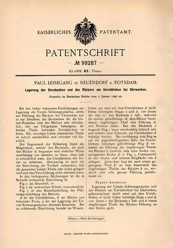 Original Patentschrift - Paul Leisegang in Neuendorf b. Potsdam , 1898 , Lagerung für Uhrwerke , Uhrmacher , Uhr !!!