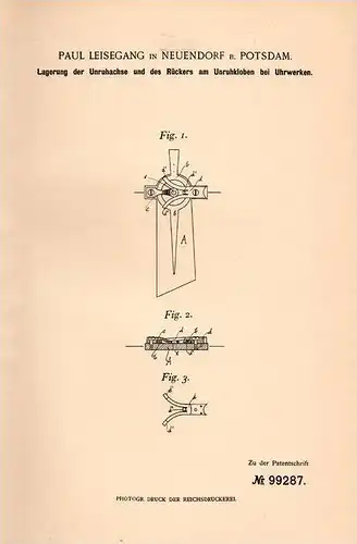 Original Patentschrift - Paul Leisegang in Neuendorf b. Potsdam , 1898 , Lagerung für Uhrwerke , Uhrmacher , Uhr !!!