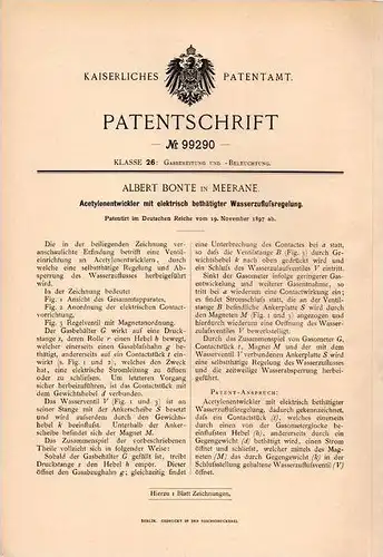 Original Patentschrift - Albert Bonte in Meerane , 1897 , Acetylenentwickler mit Wasserregelung !!!