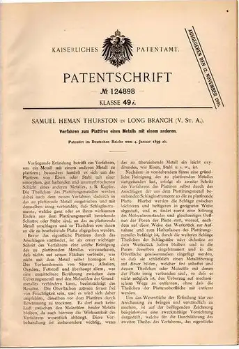 Original Patentschrift - S. Thurston in Long Branch , USA , 1899 , Plattieren eines Metalls mit einem anderen , Kupfer !