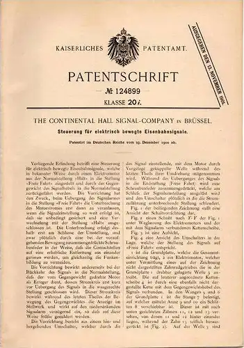 Original Patentschrift - Continental Hall-Signal Comp. in Brüssel , 1900 , Steuerung für Eisenbahn - Signale  !!!