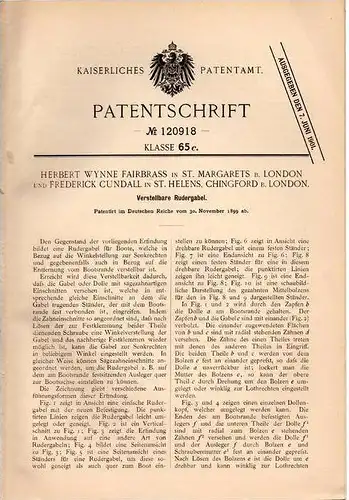 Original Patentschrift - F. Cundall in St. Helens , Chingford und St. Margarets , 1899 , verstellbare Rudergabel , Boot