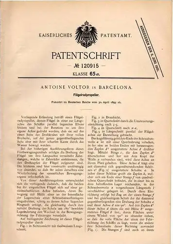 Original Patentschrift - A. Voltor in Barcelona , 1899 , Flügelrad - Propeller für Schiffe , Schiff !!!