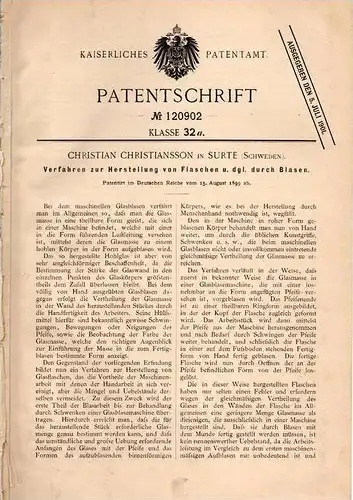 Original Patentschrift - Ch. Christiansson in Surte , Schweden , 1899 , Glasbläserei , Glasblasen , Glas , Glaswerk !!!