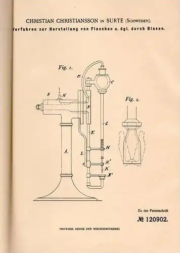 Original Patentschrift - Ch. Christiansson in Surte , Schweden , 1899 , Glasbläserei , Glasblasen , Glas , Glaswerk !!!