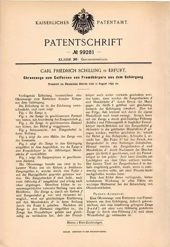 Original Patentschrift - C. Schilling in Erfurt , 1897 , Zange für Gehörgang , Ohr , Ohrenarzt , Trommelfell , Gehör !!!