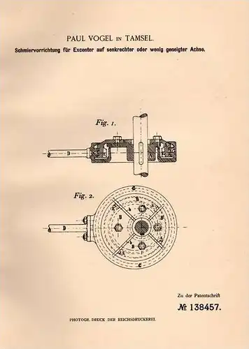 Original Patentschrift - Paul Vogel in Tamsel , 1901 , Schmiervorrichtung für Excenter !!!