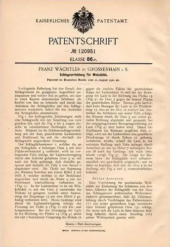 Original Patentschrift - F. Wächtler in Grossenhain i.S. 1900 , Webstuhl - Schlagvorrichtung , Weberei !!!