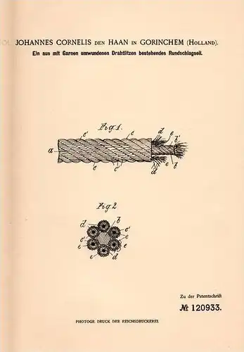 Original Patentschrift - J. den Haan in Gorinchem , 1899 , Drahtseil , Stahlseil mit hoher Zugkraft !!!