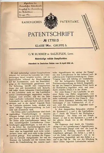 Original Patentschrift - G.W. Rummel in Salzuflen , 1904 , mehrstufige Dampfturbine , Turbine !!!