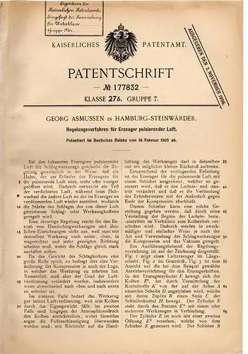 Original Patentschrift - G. Asmussen in Hamburg - Steinwärder , 1905 , Regelung für Erzeuger pulsierender Luft !!!