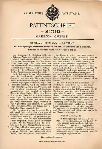 Original Patentschrift - G. Guttmann in Bregenz , 1905 , Formstein für Kachelofen , Ofen !!!
