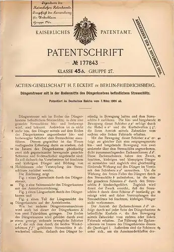 Original Patentschrift - H.F. Eckert AG in Berlin - Friedrichsberg , 1906 , Düngerstreuer , Landwirtschaft !!!