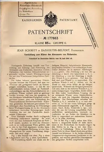 Original Patentschrift - J. Schmitt in Danjoutin - Belfort , 1904 , Klärung von Abwasser bei Färbereien , Färberei !!!