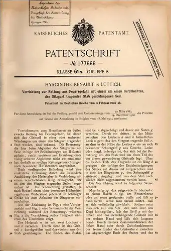 Original Patentschrift - Hyacinthe Renault in Lüttich , 1905 , Rettung aus Feuersgefahr , Feuerwehr , Feuer !!!