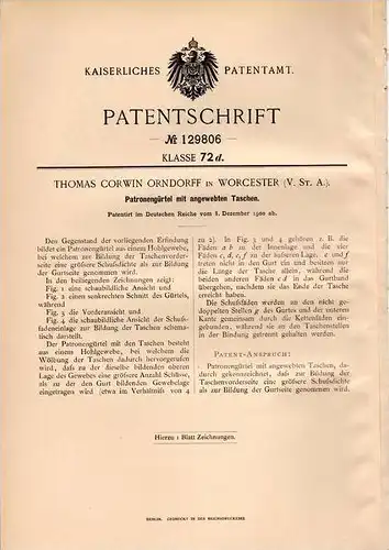 Original Patentschrift - Patronengürtel mit Taschen , 1900 , T. Orndorff in Worcester , USA , Munition , Patronen !!!