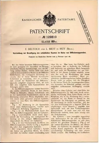 Original Patentschrift - E. Deltour und L. Miot in Huy , 1901 , Apparat für Diffusionsapparat , Diffusion !!!