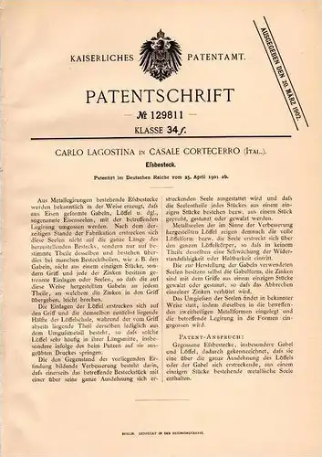 Original Patentschrift - C. Lagostina in Casale Corte Cerro , 1901 , Besteck , Gabel , Messer , Löffel !!!