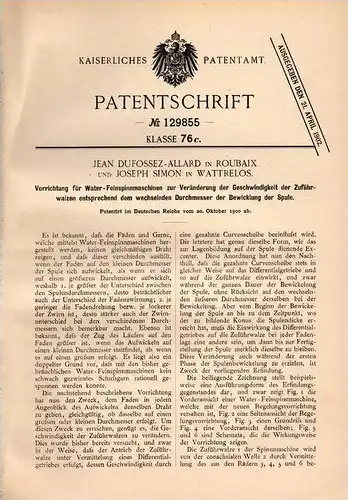 Original Patentschrift - J. Simon in Wattrelos und Roubaix , 1900 , Spinnmaschine , Apparat für Geschwindigkeit !!!