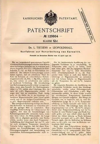 Original Patentschrift - Dr. L. Tietjens in Leopoldshall , Staßfurt , 1901 , Verarbeitung von Carnallit !!!