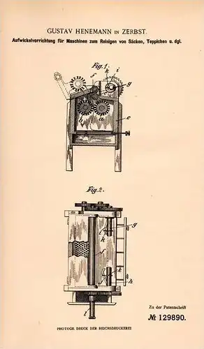 Original Patentschrift - G. Henemann in Zerbst , 1901 , Aufwickelapparat für Maschinen , Säcke und Teppiche !!!