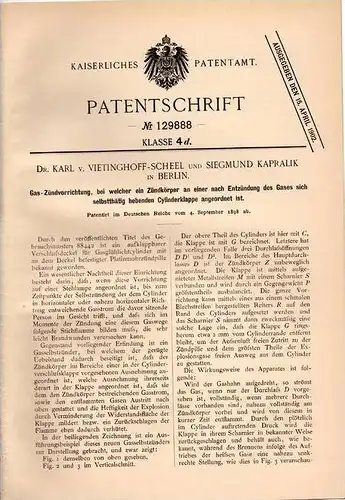 Original Patentschrift - Dr. Karl v. Vietinghoff - Scheel und S. Kapralik in Berlin , 1898 , Gas - Zündvorrichtung !!!