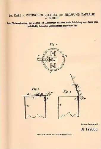 Original Patentschrift - Dr. Karl v. Vietinghoff - Scheel und S. Kapralik in Berlin , 1898 , Gas - Zündvorrichtung !!!