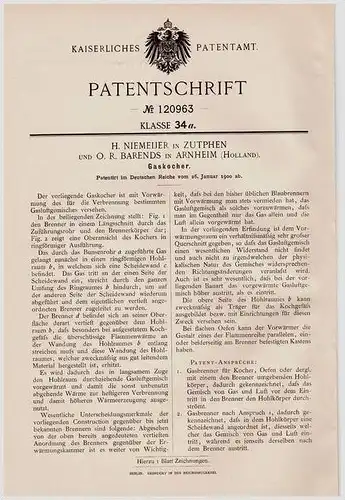 Original Patentschrift - H. Niemeijer in Zutphen in Arnheim , 1900 , Gaskocher !!!