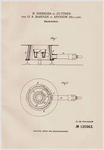 Original Patentschrift - H. Niemeijer in Zutphen in Arnheim , 1900 , Gaskocher !!!