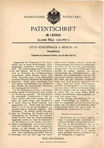 Original Patentschrift - O. Schliephack in Mehlis i. Th. , 1906 , Tintenlöscher , Tinte , Löschpapier , Zella Mehlis !!!